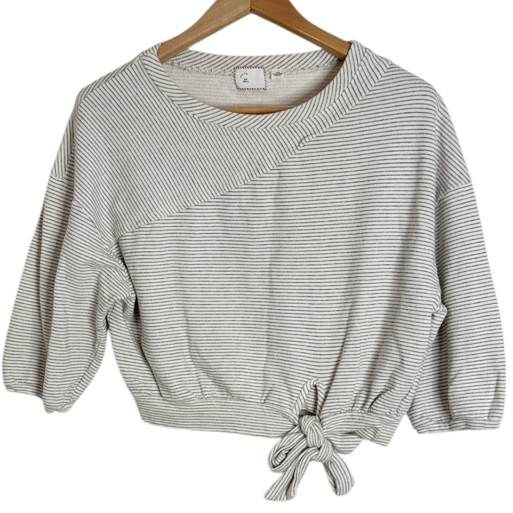 Anthropologie Postmark Ivory Cropped Striped Boxy Sweatshirt hemline tie size S